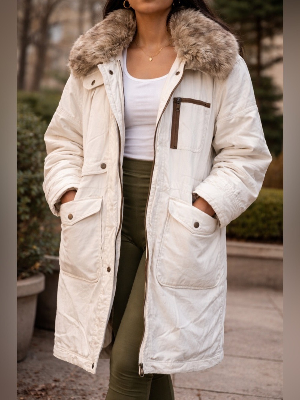 PIZAZZ Vintage 90s Cream Cotton Parka Faux Fur Collar Aspen Ski Lodge NWT M/L